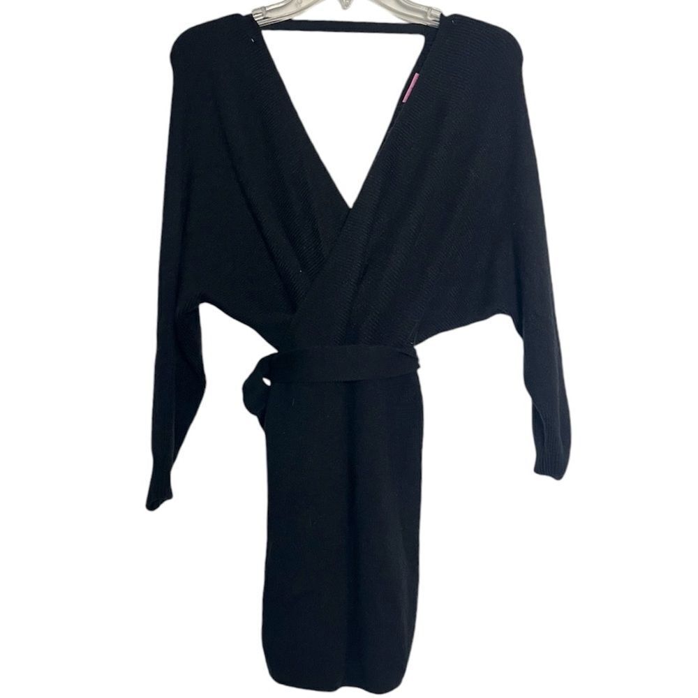 NWT Mi Ami Francesca’s Faux Wrap Mini Sweater Dress Low V Neck Belted Black XS